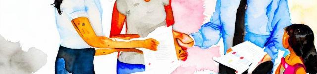 Two hispanic sisters working assisting a father and daughter with legal forms, watercolor