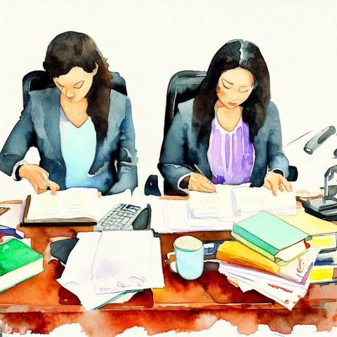Two hispanic women working to translate legal documents and forms for clients